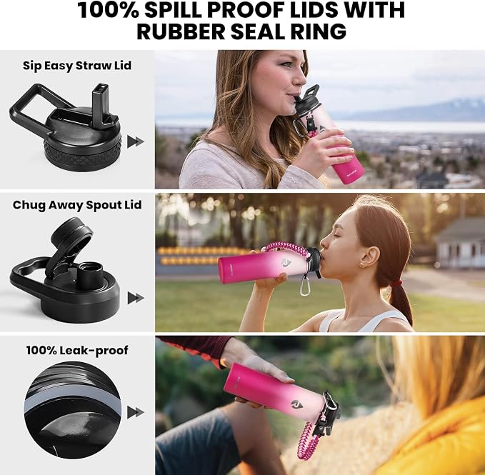 RAYMYLO Insulated Water Bottle 24 oz, Triple Wall Vacuum Stainless Steel (Cold for 24Hrs, Hot for 12Hrs), Leak Proof & Non-BPA, Modern Water Flask Jug with Paracord Handle & Straw Spout Lids