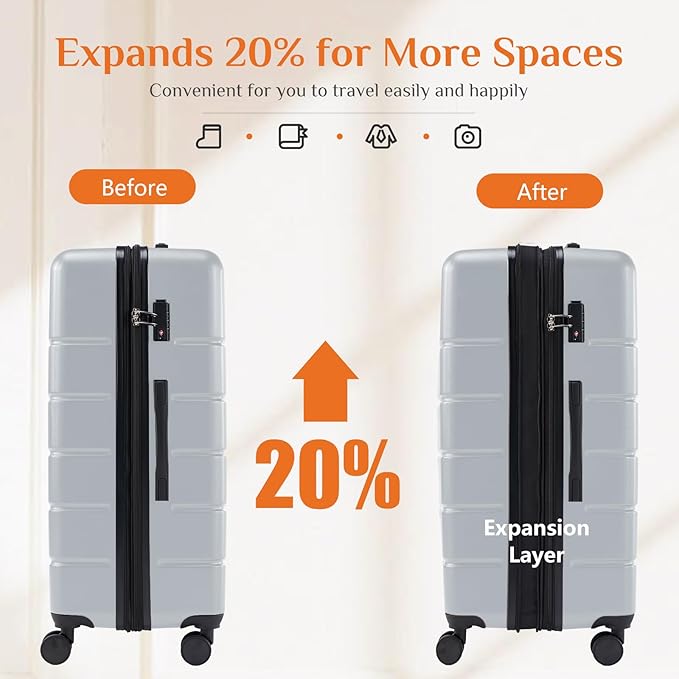 Sweetcrispy 28 Inch Carry on Luggage, Hard Shell ABS Suitcase with Double Spinner Wheels, Lightweight Expandable Rolling Suit Case with TSA Lock, Light Grey
