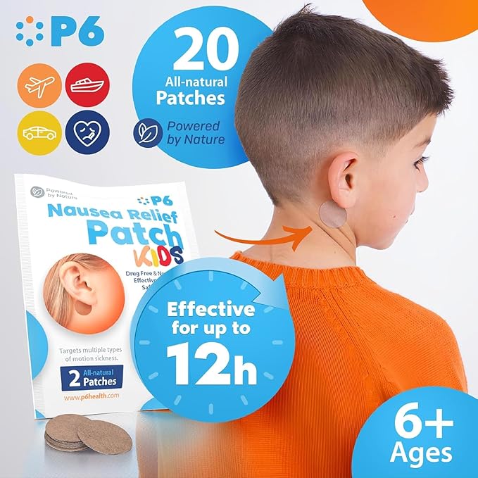 P6 Motion Sickness Patches for Kids - All Natural Sea Sickness Patches for Cruise and Car - Non Drowsy Motion Patch for Children - Safe Motion Sickness Patch for Travel - Ginger and Cinnamon