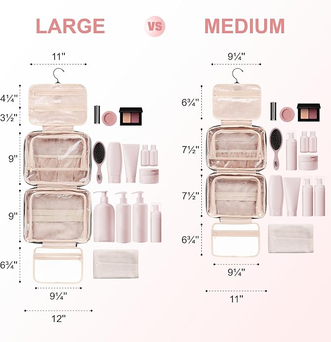 Everfun Travel Toiletry Bag with Hanging Hook and Leakproof Wet/Dry Compartments, Large Capacity Makeup Cosmetic Organizer for Women, 11x7.75x4.5 Inch, Pink