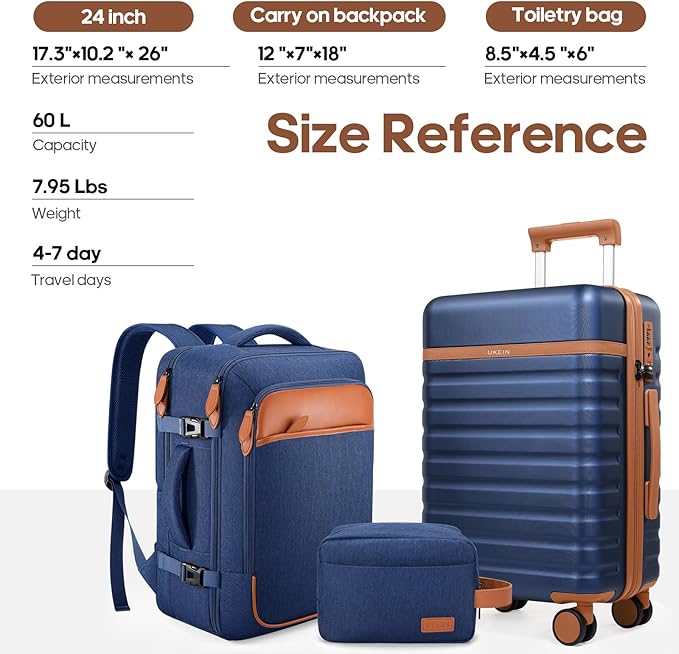 UKEIN Luggage Sets 3 Piece, PC Hardside Large Luggage 24 Inch With Spinner Wheels with TSA Lock, Carry On Suitcase Set With Travel Backpack for Men (Blue, 3 piece set (24inch))