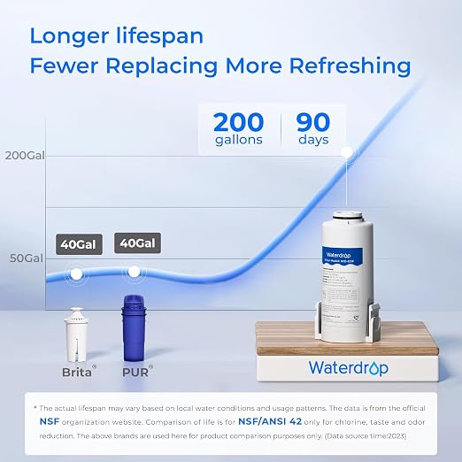 Waterdrop ED01W Electric Water Filter Pitcher with 2 Filters, Reduce 99.6% of Lead and 45+ Impurities, 15-Cup 200-Gallon Capacity, Rechargeable Instant Dispenser, NSF/ANSI 42&53&401&372, White