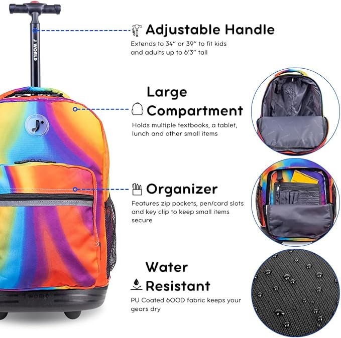 J World Sunrise Kids Rolling Backpack for Girls Boys. Roller Bookbag With Wheels For School, Heat