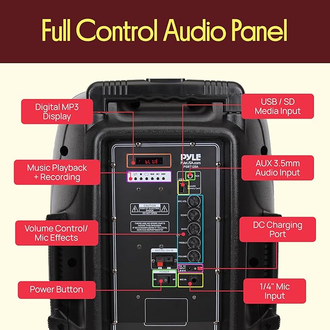 1200W Portable Bluetooth PA Speaker - 12’’ Subwoofer, LED Battery Indicator Lights w/Built-in Rechargeable Battery, MP3/USB/SD Card Reader, and UHF Wireless Microphone - Pyle PSBT125A