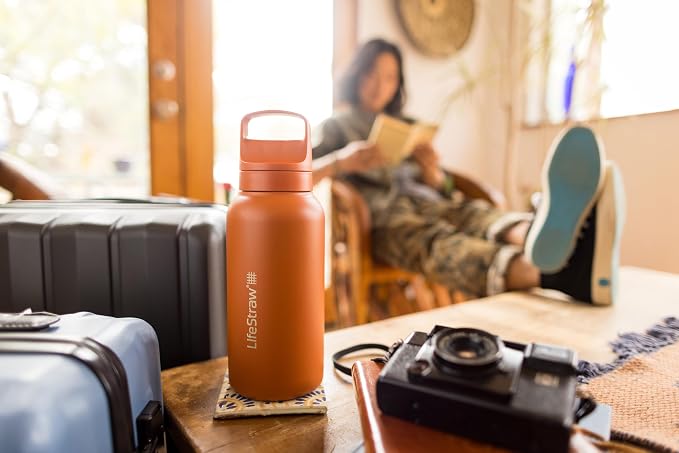 LifeStraw Go Series — Insulated Stainless Steel Water Filter Bottle for Travel and Everyday Use removes Bacteria, Parasites and Microplastics, Improves Taste, 1L, Orchid Pink