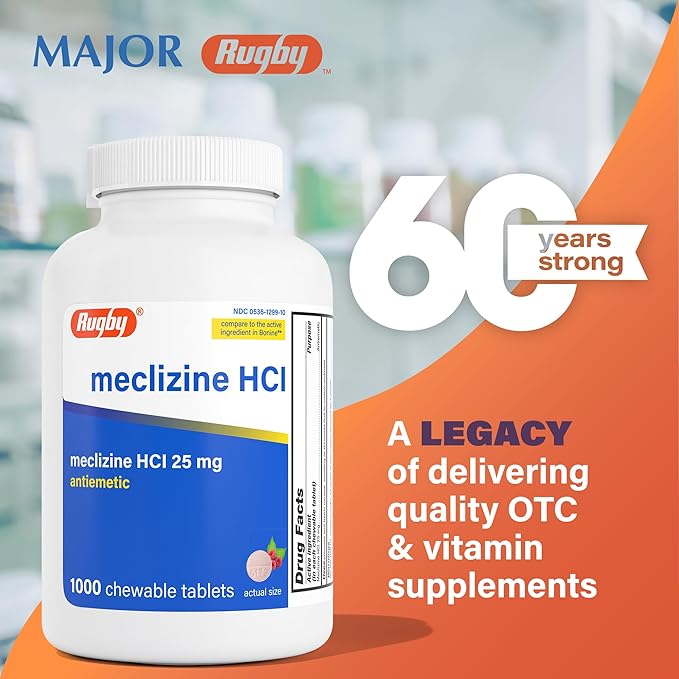 Rugby Meclizine Chewable Tablets 25mg - Anti-Nausea Support Helps with Symptoms of Motion Sickness - 1,000 Count