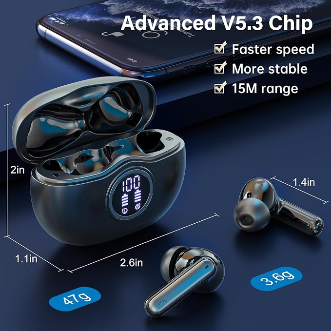 HiFi Stereo Wireless Earbuds, Bluetooth 5.3 with LED Display 50H Playback ENC Noise Canceling IPX7 Waterproof Earphones for Gym/Running/Work
