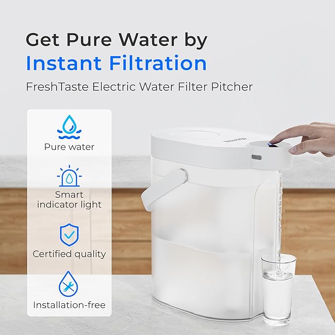 Waterdrop ED06W Electric Water Filter Pitcher with 2 Filters, FreshTaste Rechargeable Dispenser, 17-Cup Instant Countertop Purifier, Reduce Chlorine, Lead, Copper, Purify, Soften Water, White