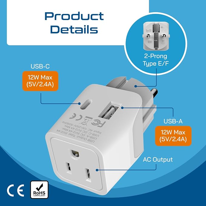 Ceptics Schuko, Germany, France, Spain Travel Adapter Plug with USB-A+USB-C- Usa Input Type E/F - Ultra Compact Perfect for Cell Phones, Laptop, Camera Chargers, iWatch, iPad, iPhone and More (CTU-9)