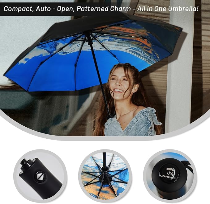 SY COMPACT Travel Umbrella - Windproof Automatic Compact Umbrella for Rain, Lightest 8-Rib, Small, Strong & Portable, Durable Grip, Fits Backpack & Car, Factory Direct (UV Available)