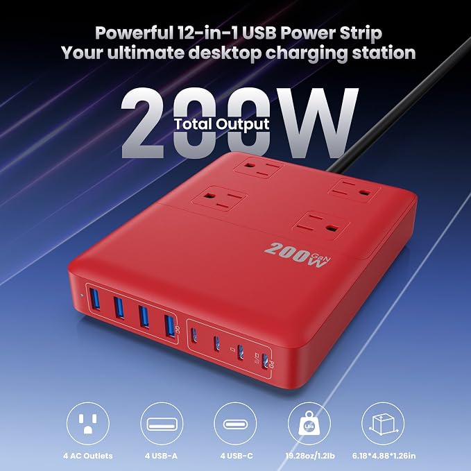 200W Charging Station,12-in-1 USB C Power Strip with Flat Plug and 5ft Extension Cord,4 AC Outlets,4 USB-A,4 USB-C Ports for iPhone 17/16/15,65W PD Fast Laptop Charger for MacBook,Home,Office (Red)