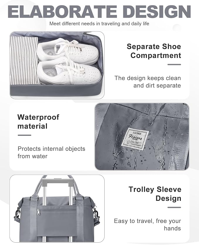 Travel Duffel Bag, 18x14x8 Inches Travel Bag Spirit with Shoes Compartment, Weekender Overnight Bag for Women with Trolley Sleeve, Carry On Bag for Airplanes Sport Tote Gym Bag SlateGrey