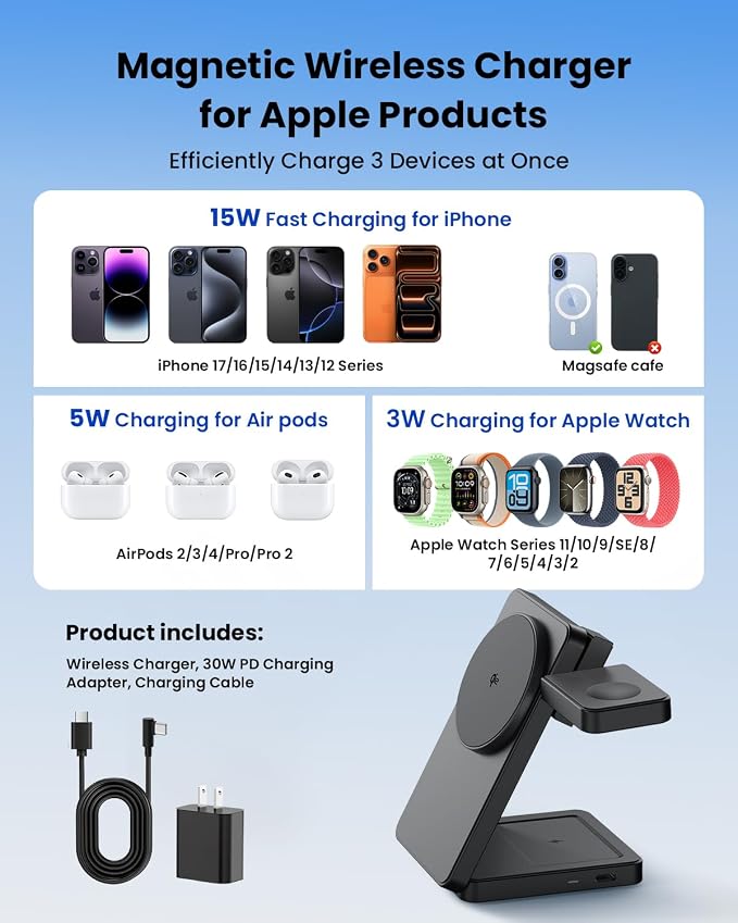 Magnetic Wireless Charging Station for Apple: Upgraded Certified 15W 3-in-1 Magsafe Wireless Charger Stand, Foldable Travel Fast Charger for iPhone 17 16 15 14 13 12 Series, Apple Watch, AirPods