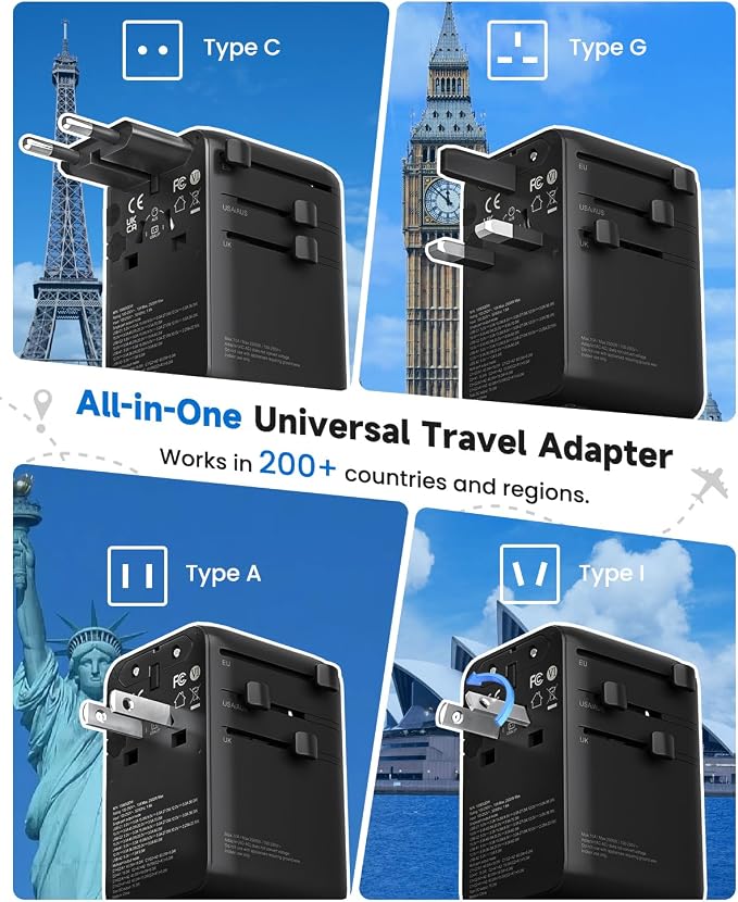 DOACE 70W Universal Travel Adapter, 6-in-1 International Power Adapter with Built-in USB-C Cable, PD Fast Charging Worldwide Wall Charger for EU/UK/US/AU