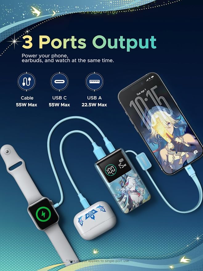 UGREEN x Honkai: Star Rail Edition 10000mAh Power Bank, 55W Portable Charger with Built-in USB-C Cable, 45W Fast Recharge, 3-Port Battery Pack for MacBook Air, iPhone 17, Steam Deck