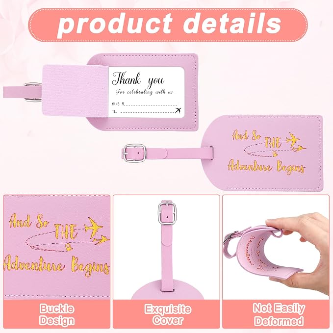 Sweetude 48 Sets Bulk Luggage Tags Wedding Favors and So The Adventure Begins Leather Luggage Tags for Suitcases with Name Card for Travel Themed Bridal Shower Graduation Party Favor(Pink)