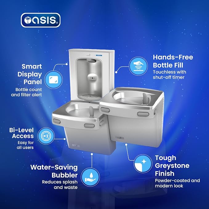VersaCooler Wall Mount Bi-Level Indoor Double Water Drinking Fountain with Electric Bottle Filling Station, in Greystone Stainless Steel, Built in Water Filter, 8GPH - 18" D x 34" W x 38" H
