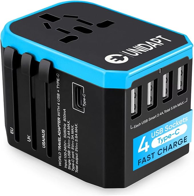 Universal Travel Adapter for Europe and International Travel from USA, Type C EU/Type G UK/Type I AU/Type A US, 1 AC Outlet, 1 USB-C and 4 USB-A Ports, Unidapt Travel Plug Adapter