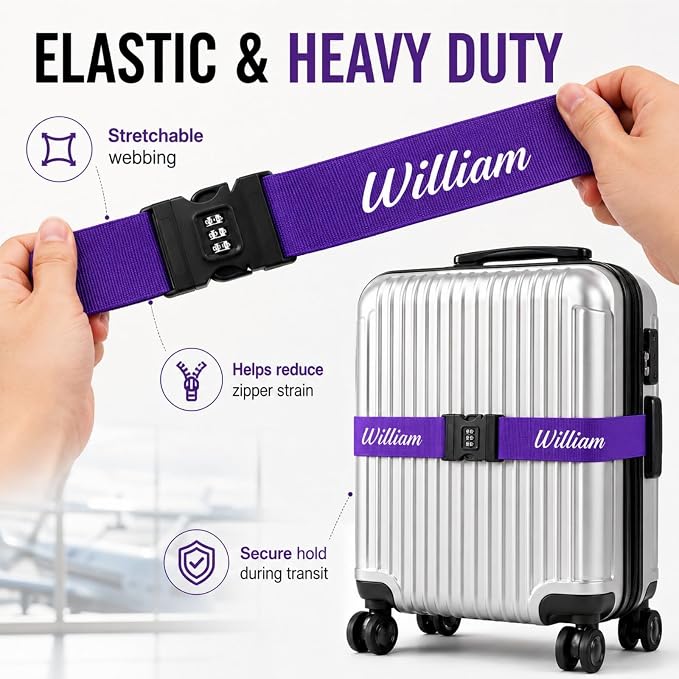 Personalized Luggage Strap with Combination Lock, Custom Embroidered Name Suitcase Belt, Heavy Duty Adjustable Travel Strap for Luggage Security and Easy Identification, Lockable Bag Belt,1 Piece