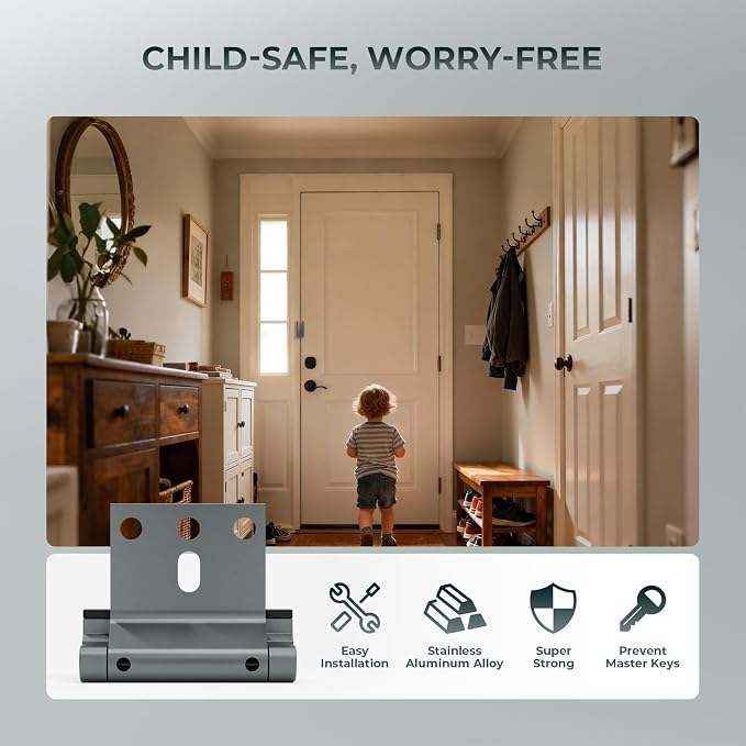 Greatalent 3Pack Home Security Door Reinforcement Lock Childproof, Door Lock for Kid Safety, Door Latch Stopper for Front Door Inside Top of Door, Aluminum Construction Finish