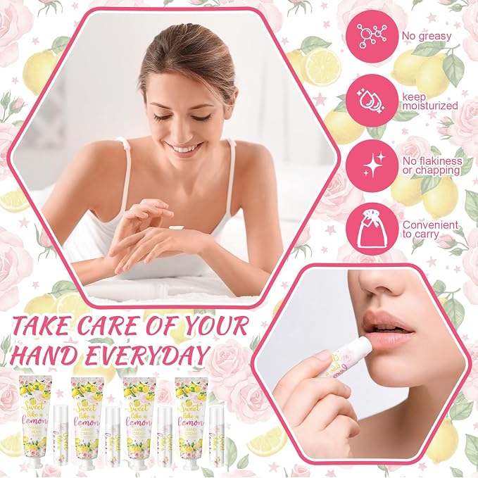 Lounsweer 24 Sets Lemon Baby Shower Hand Cream and Lip Balm Favors for Guests Sweet Like a Lemon Party Gifts with Organza Bags and Cards Travel Size Lotion Set for Bridal Shower Summer Birthday
