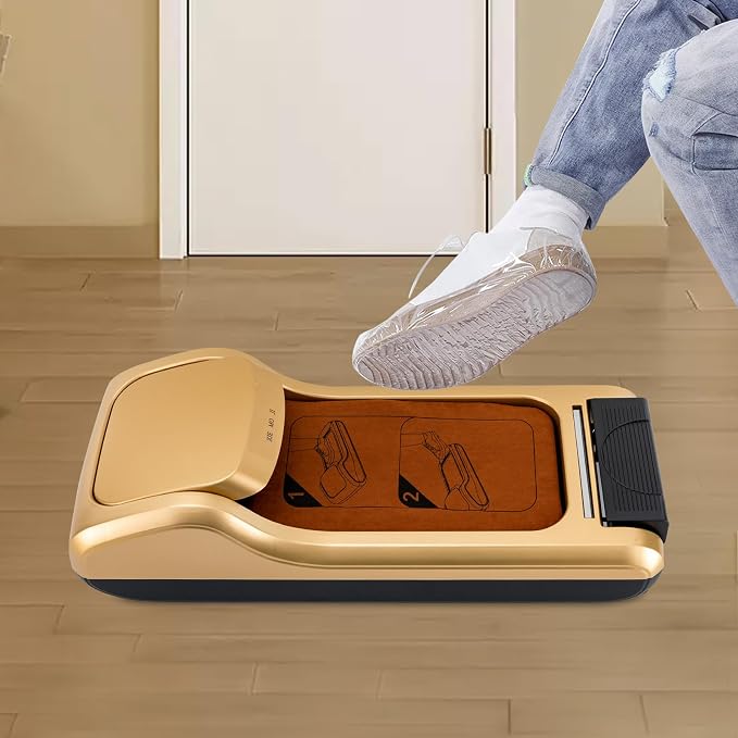 Automatic Shoe Film Machine, Shoe Cover Dispenser Machines with 3 Rolls Waterproof Shoe Membrane, Protect Floor Shoes Wrapping Machine for Home, Office, Hospital Factory(Gold)