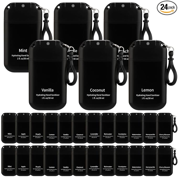 Loopeer 24 Pack Mist Hand Sanitizer Spray with Keychain Fathers Day Men Gifts Bulk Mini Hand Sanitizer 1oz Travel Size Scent Variety Pack for Backpack Employee Appreciation Gift for Team Coworker