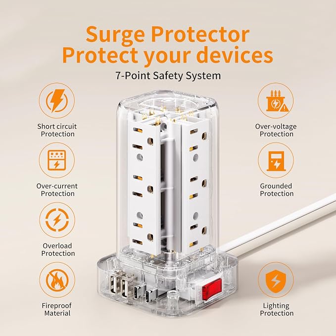 Extension Cord with Multiple Outlets, SMALLRT Surge Protector Power Strip Tower, Outlet Extender with 12 AC Outlets 4 USB, 6.5FT Extension Cord for Home Dorm Room, Office Supplies,Overload Protection