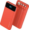 Nusyddy Portable Charger 10000mAh PD20W w/4 Built-in Cables/6 Outputs Red | PD20W Fast Charging, LED Display, Pass Through Charging, Charge 6 Devices at once, TSA Approved, Fits iPhone, iPad, Samsung