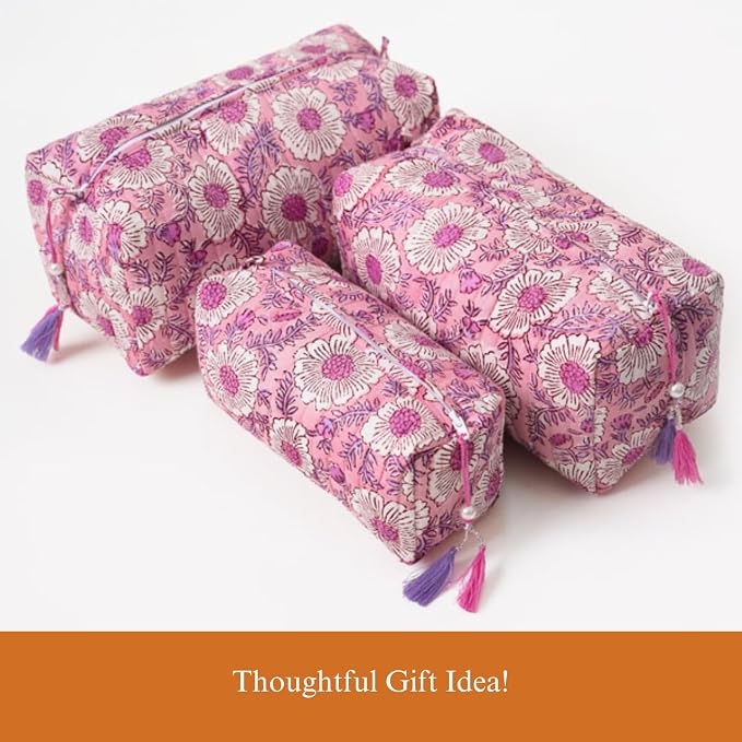 Saffron Marigold Quilted Makeup Bag Set of 3, Hand Block Printed Cotton Cosmetic Bags for Women, Waterproof Lined Travel Toiletry Bag, Coquette Floral Aesthetic, Handmade Gift, Lavendar & Rose Milk