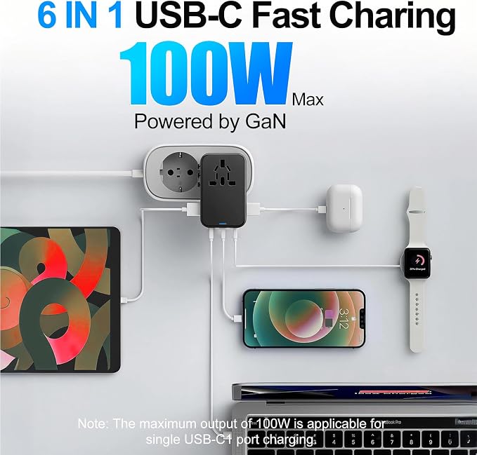 JMFONE GaN 100W Universal Travel Adapter, 5 USB Ports & 2500W AC Socket, USB C Fast Charging Laptops/Tablets/Phones, International Power Adapter with EU UK US AUS Plugs for 200+ Countries