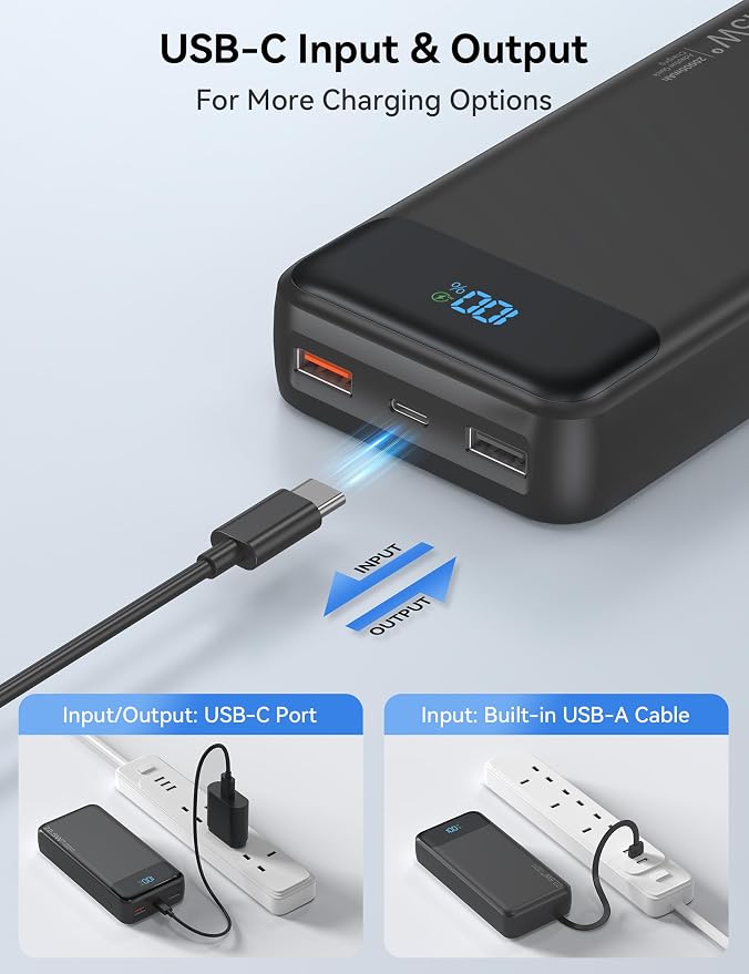 Nusyddy Portable Charger 20000mAh 22.5W w/4 Built-in Cables/6 Outputs Black | High capacity, Fast Charge, LED Display, Pass Through Charging, Charge 6 Devices at once, TSA Approved, Fits iPhone, Samsung