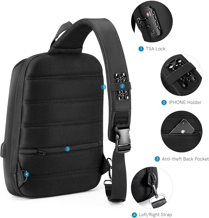 Kingsons Laptop Sling Backpack Anti Theft Bag,Hiking Daypack 13 Inch Waterproof Nylon Travel Bags for Men, Single Shoulder Camping Dayback with USB Charging Port for Traveling