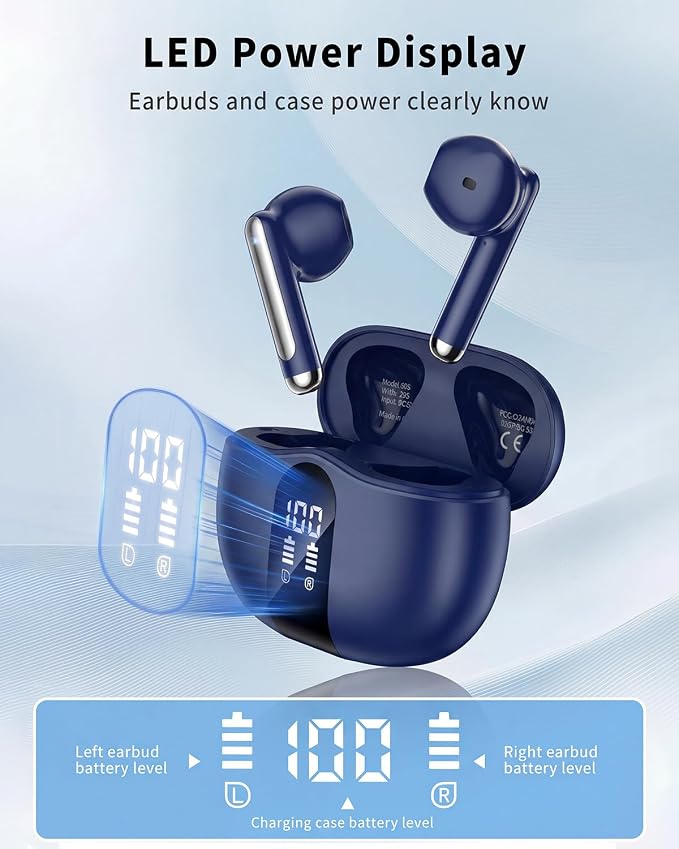 Wireless Earbuds, 2026 Bluetooth 5.4 Headphones Bass Stereo Ear Buds with Noise Cancelling Mic, LED Display in Ear Earphones 50H Playtime Ear Buds, IP7 Waterproof for Laptop Pad Phones Pure Blue