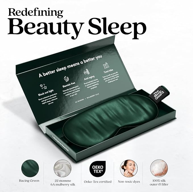 TheSleepGuard Pure Silk Sleep Mask [100% 6A Mulberry Silk, 22 Momme] Light Blocking Travel Essentials. Eye Masks for Sleeping. Black Oeko-Tex Blindfold. Eye Covers for Men & Women
