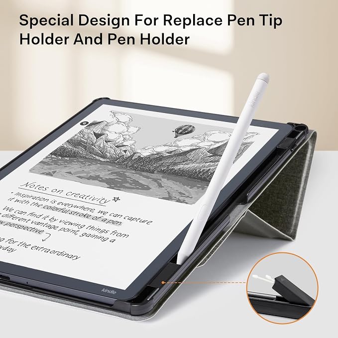 CoBak Case for 11" Kindle Scribe 3rd Generation 2025, Kindle Scribe Colorsoft with Two Viewing Angles - All New PU Leather Cover with Auto Sleep Wake, Pen Holder. Fabric Gray