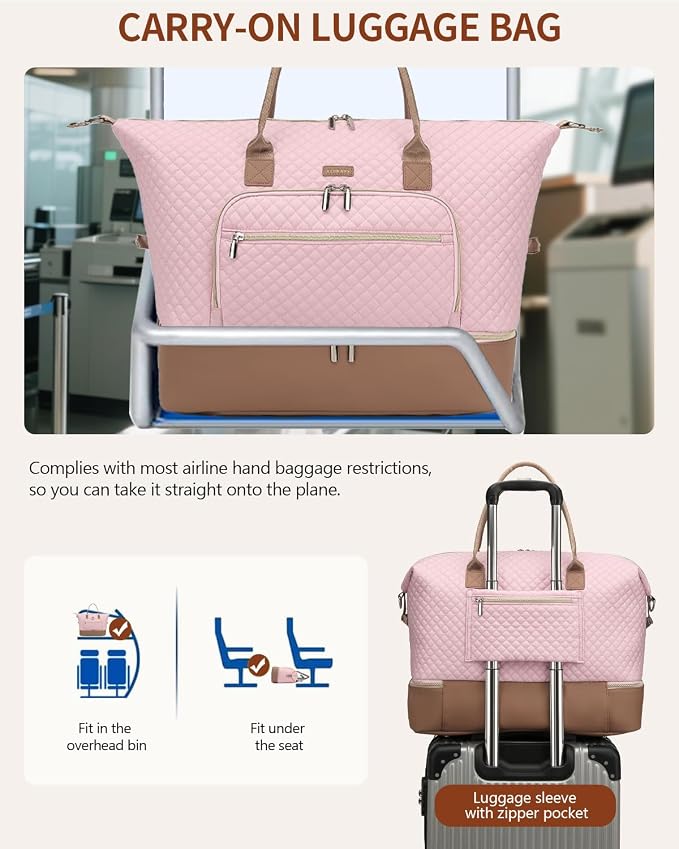 Weekender Bags for Women Travel, Under Seat Carry On Bags for Airplanes Overnight Bag with Shoe Compartment Luggage Sleeve, Foldie Travel Tote Bag Hospital Bag, Travel Gifts, Pink Brown