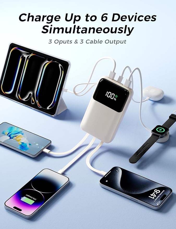 Power Bank, 15000mAh Portable Charger with Built in Cable, 22.5W Fast Charging, 6 Outputs, Slim Travel Essential Battery Pack with LED Display, Compatible with iPhone 17/16/15/14/13, iPad Beige