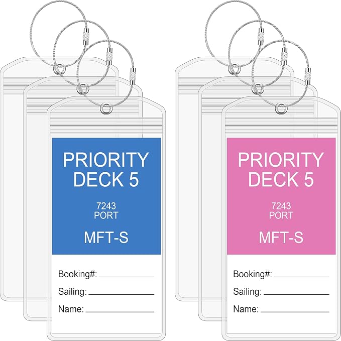 Clabby 6 Sets Cruise Clear Luggage Tags Holders Bag with Loops for Carnival, PVC Waterproof Tag for Travel Supplies