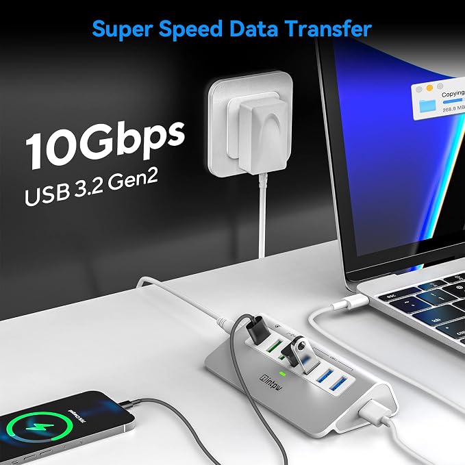 Powered USB Hub 10Gbps, 7 Port USB 3.2 Gen 2 Hub with 4 USB 3.2 Data Ports, 3 Fast Charging Ports, 36W Power Adapter, Type A and Type C Cable, Aluminum USB Hub for Laptop, Mac, PC