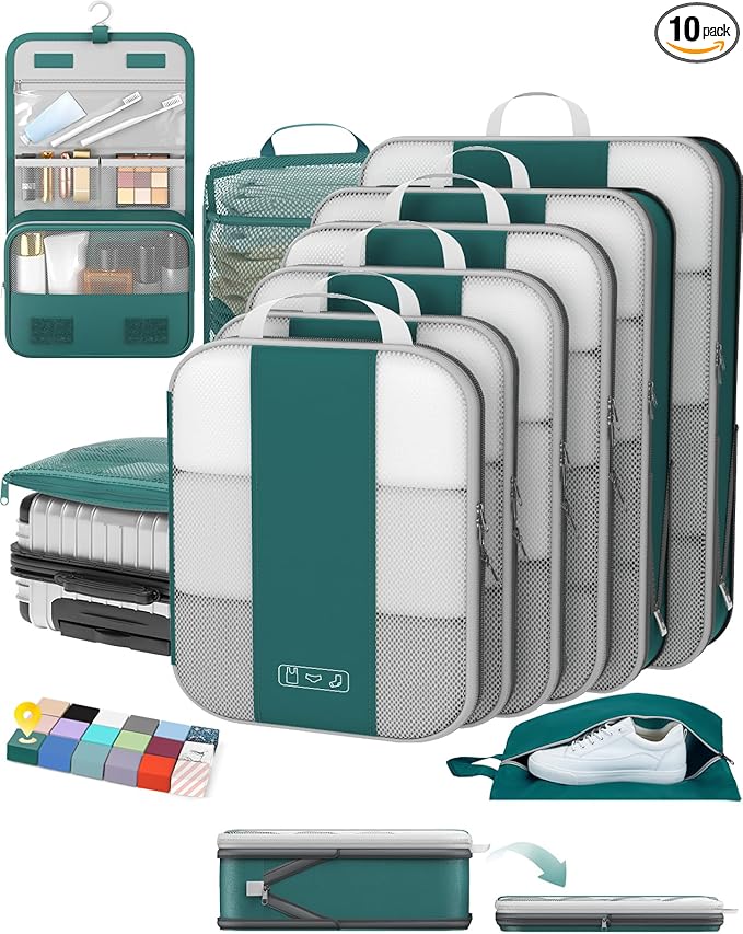 10 Set Compression Packing Cubes for Travel Essentials,Compressible Expandable Packing Cubes for Suitcase,OlarHike Luggage Garment Bags for Travel,Handy Helper for Organizing Clothes(Dark Blue Green)