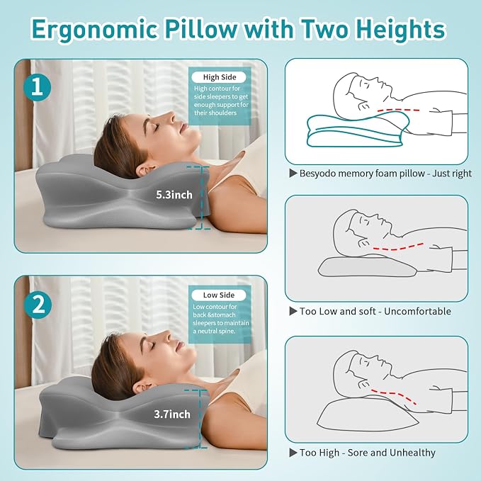 Cervical Pillow for Neck Pain Relief, Ergonomic Neck Pillow for Sleeping, Contour Pillow for Neck Support, Memory Foam Pillows for Reading & Bed Rest Pillows for Sleepers (Grey & White)
