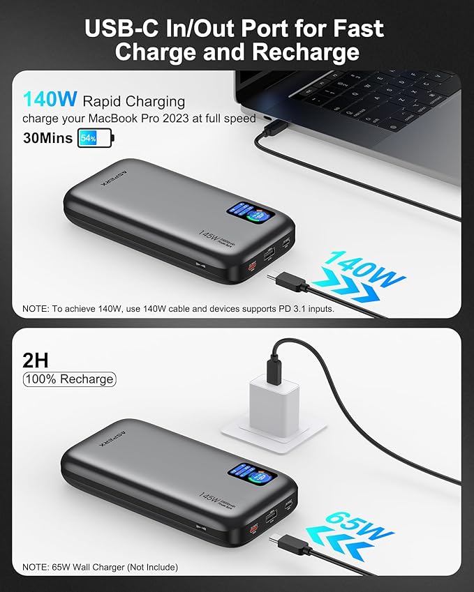 AsperX Laptop Power Bank, 25,000mAh(5S1P) 140W PD 3.1 Fast Charging Portable Charger, TFT Smart Display USB C Battery Pack(92.5Wh) for MacBook/iPhone 17/Dell XPS/Galaxy S25/ipad/HP (Flight-Approved)