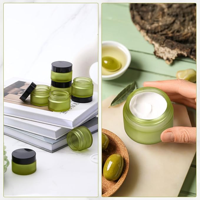 Domensi 60 Pcs 1oz Glass Jars with Lids Bulk Small Glass Salve Tins Cream Container Cosmetic Jars for Travel Balm with Inner Liners for Sample Cream (Green,Black Lid,Plastic Lid)