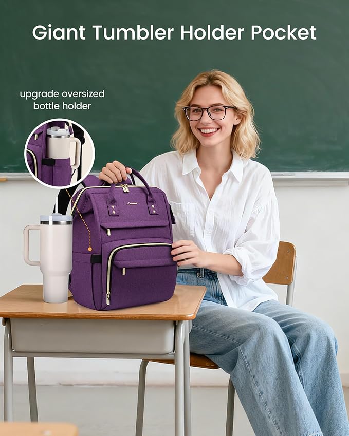 LOVEVOOK Laptop Backpack for Women with Giant Tumbler Holder Pocket,17 inch Waterproof Travel Backpack Purse Computer Laptop Bag,Professional Work College Nurse Teacher Backpack Daypack,Dark Purple