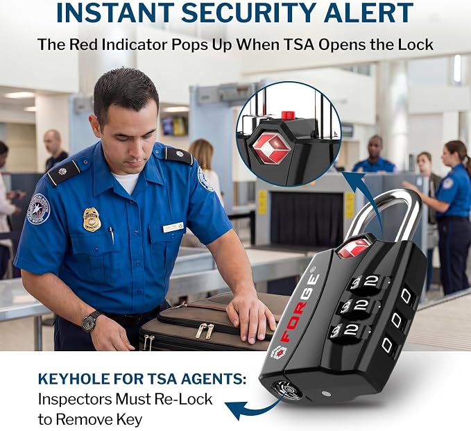 Forge Open Alert TSA Approved Luggage Locks - 3 Digit Combination, Easy Read Dials, Zinc Alloy Body - Ideal Travel Lock for Luggage, Suitcases, Bags & Toolboxes (Black 4 Locks)