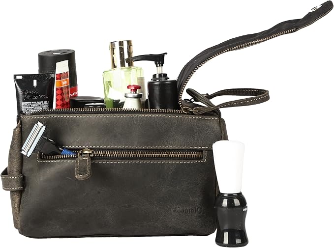 KomalC Premium Buffalo Leather Toiletry Bag for Men & Women With Water resistant Lining, Grooming Travel Pouch, Unisex Wash Bag for Toiletries, Gifts for Men and Women