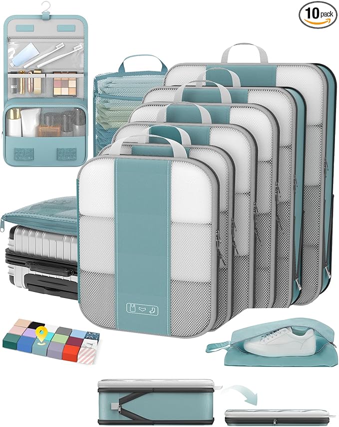 10 Set Compression Packing Cubes for Travel Essentials,Compressible Expandable Packing Cubes for Suitcase,OlarHike Luggage Garment Bags for Travel,Handy Helper for Organizing Clothes(Blue Gray)