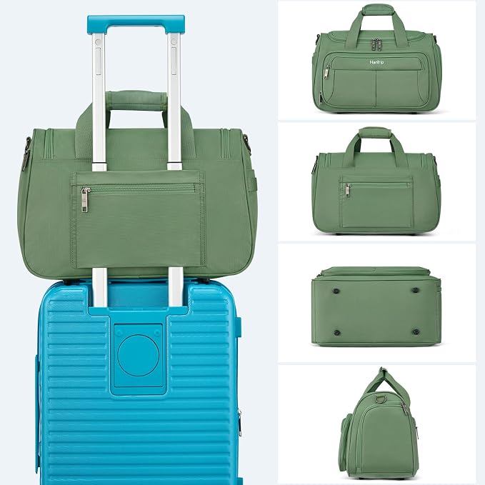 HanTrip Carry on Duffel Bag Foldable Duffle Bags for Travel, Under Seat Personal Item Bags for Airplanes, Weekender Overnight Mens Travel Tote Bag for Women Softside Carry on Luggage (Forest Green)