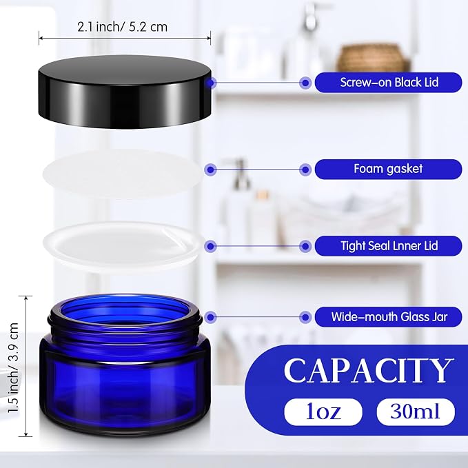 Domensi 60 Pcs 1oz Glass Jars with Lids Bulk Small Glass Salve Tins Cream Container Cosmetic Jars for Travel Balm with Inner Liners for Sample Cream (Cobalt Blue,Black Lid,Plastic Lid)